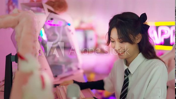 Young Asian woman esport player playing online game on computer in bedroom. Attractive girl vlogger influencer gamer enjoy and fun live streaming broadcast games challenge on social media platform.