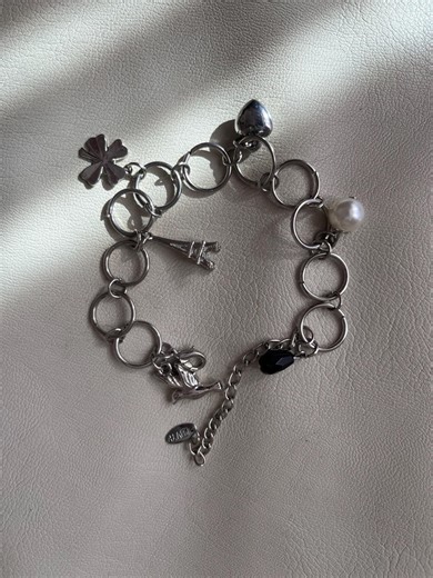 Vintage LBVYR Silver Tone Charm Bracelet - Eiffel Tower, Heart, Bird, Pearl & Clover - Etsy