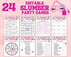 Printable Slumber Party Games Sleepover Activity Bundle Editable Templates | Charades | Tween Teens | Pink Birthday Idea - Etsy