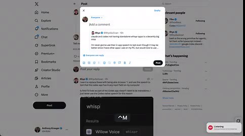 I just got Codex to reverse engineer the Control+M speech-to-text mode in the Codex app and build a Mac app that lets you run it anywhere. The demo is me making this tweet right now.https://t.co/68wh6JZag8