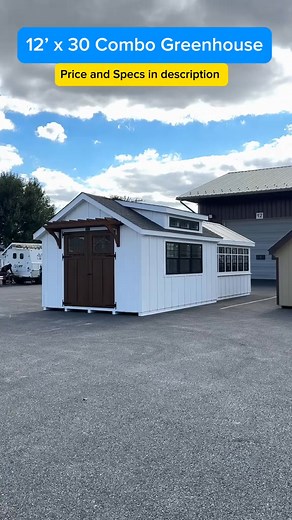 Built with a 12' x 16' Garden Shed and a 10' x 14' Atrium Greenhouse, this combo features White SmartPanel board and batten siding, a transom dormer, and a pergola overhang that gives the exterior a clean, timeless look. Beneath the dormer, insulated double-pane windows flood the interior with natural light — and once the flower box is installed, it'll add the perfect touch of charm. Inside, you'll find a fully finished shed that feels more like an extension of the home than a backyard structure