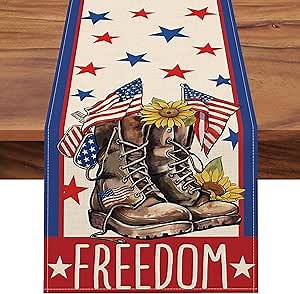Seliem Memorial Day Soldier Boots Table Runner, 4th of July Patriotic America Freedom Stars Kitchen Dining Table Decor, Veterans Day Labor Day Home Decoration Indoor Outdoor Party Supply 13x72 Inch