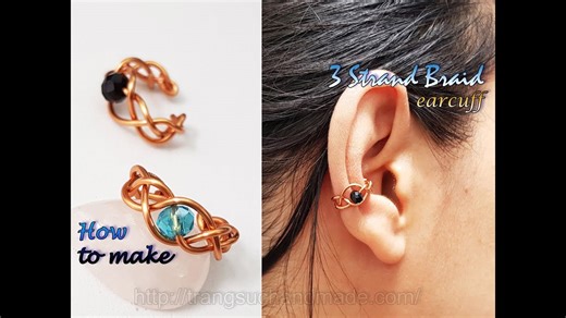 3 strand braid ear cuff from copper wire and small crystal - How to make handmade jewelry 485