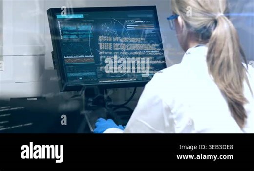 Animation of data processing over caucasian senior female scientist using computer at laboratory. Medical research and science technology concept Stock Video Footage - Alamy
