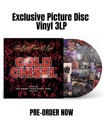 22K views · 370 reactions | Love Police ATM have an exclusive Picture Disc Vinyl version of the just-announced 'The Big Five-0 Live' release. It's limited to 1,000 copies and 500 have sold already! Jump in now and pre-order before they're gone: https://coldchisel.bandtshirts.com.au/ They've also got an incredible offer of 50% off all Chisel 'Big Five-0 Tour Merch' if you pre-order a copy of any of Big Five-0 Live formats. | Cold Chisel | Facebook