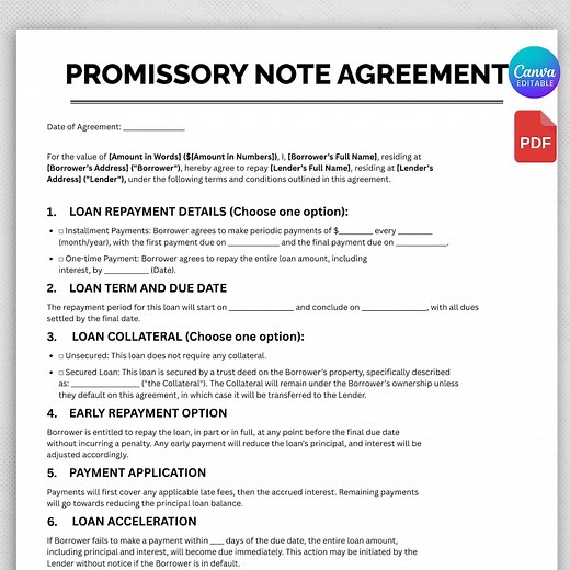Promissory Note Template, Editable Promissory Note Form, Professional Promissory Note Form, PDF and Canva Template - Etsy