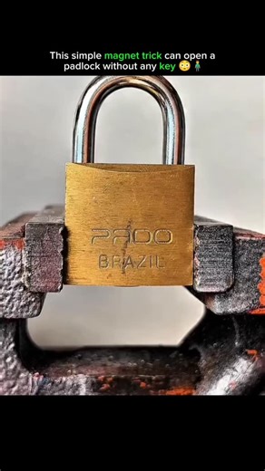 Knowledge Simplified on Instagram: "Some basic padlocks use spring-loaded pins inside. Strong magnetic fields can sometimes influence these internal pins, reducing resistance and allowing the shackle to release. This doesn’t work on all locks—modern, high-security padlocks are designed to resist magnetic interference. Still, it’s a fascinating example of how physics interacts with everyday security systems and why better lock design matters. #growwithme #ViralReel #ExplorePage #NextGrow #Content