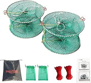 BasicGear Crab Spring Trap 2 pcs - Bait Trap for Lobster, Crawfish, Shrimp, Portable Folding Collapsible Fishing Traps Nets Fishing Accessories