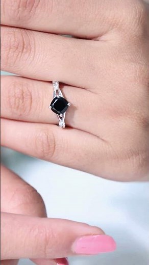 Cushion Cut Black Onyx Split Shank Engagement Ring | Diamond Accent Solitaire Ring