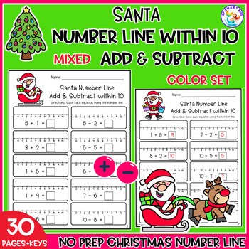 Christmas Number Line Add & Subtract Within 10 Color Set Holiday Math Worksheets