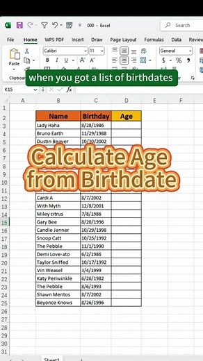 Calculate Age from Birthdate Using Excel Formula