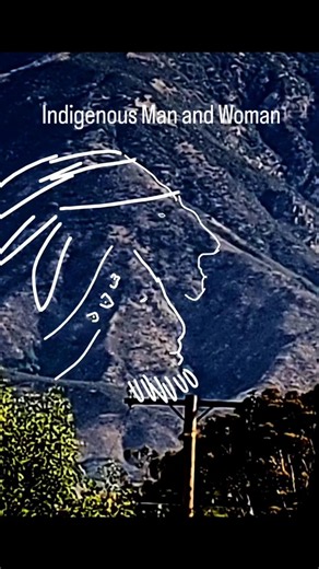 Indigenous Man and Woman in the morning sun Native on Mega Art song mosaic images on Arrowhead Peak.