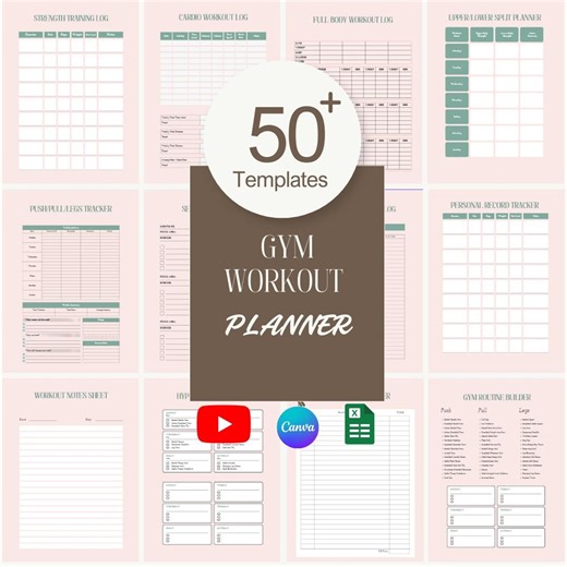 Gym Workout Planner Printable for Beginners Women Fitness Log Template Strength Training Cardio Tracker Personal Record Log Canva Editable - Etsy