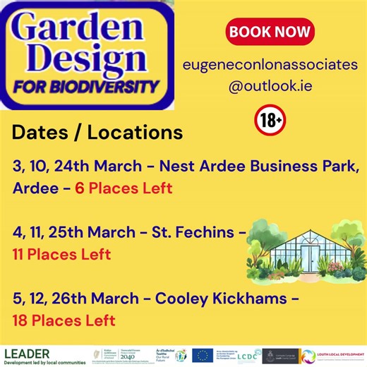 🌿 Garden Design Training Course is filling fast! We've added a few more places due to popular demand: Places left: St. Feckins (11), Ardee (6), Cooley (18). Secure your place now by emailing eugeneconlonassociates@outlook.ie . First come, first served! #EU #LEADER #IrishGov #louth #GardenDesign #LandscapeDesign #Horticulture #Training | Louth Local Development