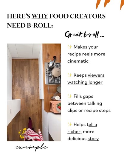 Kimberly Espinel on Instagram: "B-Roll ideas for food photographers and food content creators 👇🏽 B-Roll can make your Reels more engaging and interesting, plus having B-roll content gives you LOTS more flexibility during the editing process, so it’s super important to film as much b-roll footage as possible. 💪🏽 Here are just some ideas that are perfect for food photographers and food content creators like you! ⭐️ Kitchen scenes - This can include you, but certainl