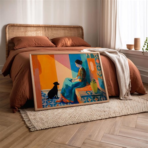 Woman With Black Dog Art Print, Colorful Feminine Figurative Painting, Modern Woman Portrait Art, Whimsical Dog Lover Art for Living Room - Etsy