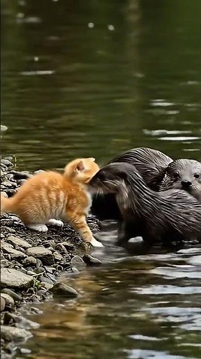 Kitten Meets Otter Family by the River | Heartwarming Animal Encounter