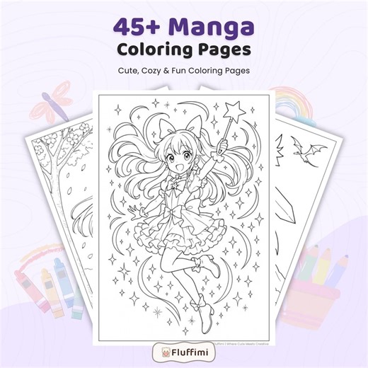 45  Manga Coloring Pages, Cute Anime Coloring Book, Fantasy and Fairies Coloring Art, Kids and Adult Printable PDF Coloring Pages - Etsy