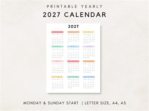 2027 Yearly Calendar, Printable Calendar, 2027 Calendar, 2027 Digital Calendar, Yearly Wall Calendar, Year at a Glance, 2027 Annual Calendar - Etsy