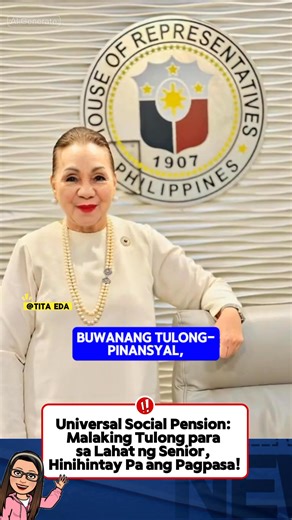 📢 UPDATE | Universal Social Pension para sa Lahat ng Senior Citizens Alam mo ba na isinusulong ngayon ang Universal Social Pension na layong magbigay ng regular na buwanang tulong-pinansyal sa lahat ng senior citizens sa Pilipinas? Ang panukalang ito ay para sa bawat lolo at lola na 60 taong gulang pataas—may pensyon man o wala, anuman ang estado sa buhay. Layunin ng Universal Social Pension na tulungan ang mga nakatatanda sa kanilang pang-araw-araw na gastusin tulad ng pagkain, gamot, kuryente