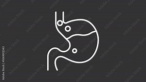 Acid reflux white line animation. Animated stomach and bubbles icon. Indigestion concept. Digestive problem. Isolated illustration on dark background. Transition alpha video. Motion graphic