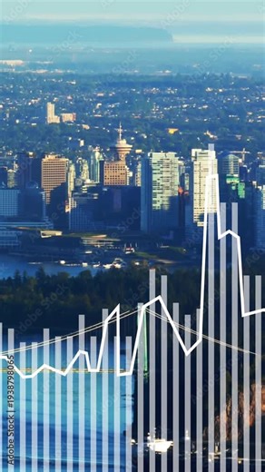 Finance overlay animating on data feed, bars rising over coastal skyline, trend highlighting market