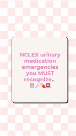 NCLEX urinary medication emergencies you MUST recognize.. ⬇️⬇️⬇️ …because these turn into priority questions FAST 🚨 If you know the med but miss the complication → you miss the question 👀 NGN is testing: what goes wrong what you do FIRST Here are the high-risk ones: 💊 Furosemide (loop diuretic) 🚨 Hypokalemia → arrhythmias 👉 Check K⁺ cardiac monitor replace 💊 Spironolactone 🚨 Hyperkalemia → peaked T waves 👉 Hold med monitor heart 💊 Desmopressin (DDAVP) 🚨 Hyponatremia / water intoxicatio