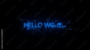 Hello world text with screen effects of technological failures. Spectacular screen glitch with various kinds of interference. Looped