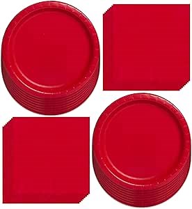 Ruby Red Paper Dinner Plates and Luncheon Napkins, Solid Red Party Supplies and Summer Picnic Table Decorations (Serves 16)