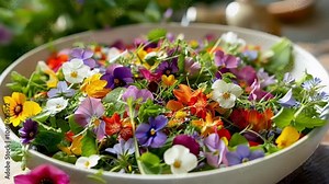 Feast your eyes on a vibrant salad with fresh edible flowers, packed with vitamins and antioxidants. Perfect for a nutritious meal or appetizer.
