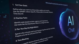 Software de modelo de lenguaje Grande que genera consejos de productividad, enfatizando la fijación de objetivos, la priorización de tareas, la coherencia y el progreso gradual. Interfaz con un diseño elegante y un logotipo de chat AI