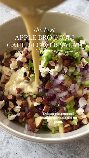 ⭐️Apple Broccoli Cauliflower Salad is tossed in a homemade creamy lemon vinaigrette and is so good! With additions like crisp apples, dried cranberries, and roasted nuts it’s the perfect salad recipe to make as we transition into fall.-RECIPE LINKED IN COMMENTS #salad #therealfooddietitians #therealfoodrds #realfood #mealprep #saladrecipes #saladrecipe #broccoli #cauliflower #apple | The Real Food Dietitians