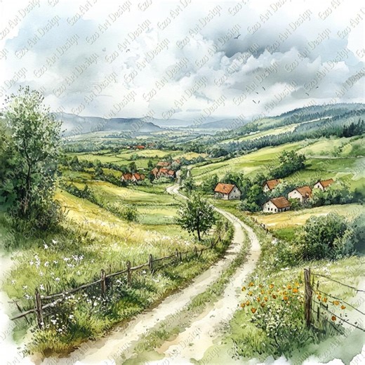 Watercolor English Countryside Clipart, Rural Landscape Rolling Hills (digital Download) - Etsy