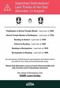 ⚠️If you're travelling today please note the time of the last GWR services. ⚠️Plan your journey at http://gwr.com and check your journey time carefully as services are severely affected by industrial action. ⚠️Go to http://GWR.com/strike for full information. | GWR