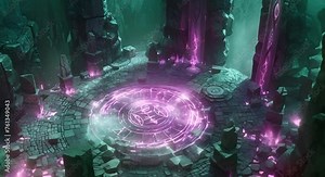 A summoning circle with arcane symbols and otherworldly creatures,