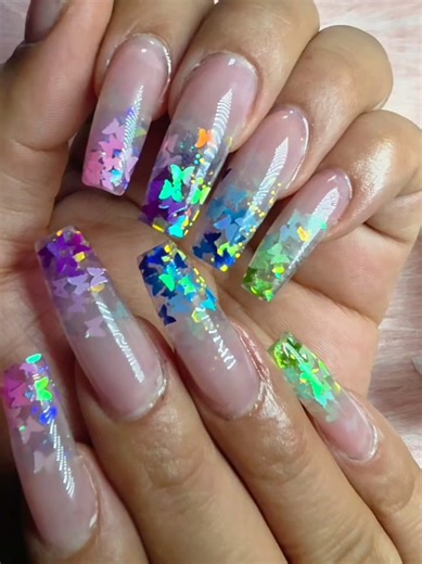 Rainbow iridescent coffin nails ✨ the color shift changes in every light. #rainbownails #nailtoktok #nailspo #butterflynails