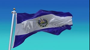 4k El Salvador National flag slow loop seamless waving with visible wrinkles in wind blue sky background.A fully digital rendering-animation loops at 20 seconds.