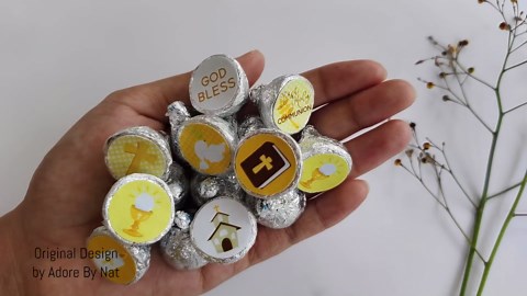 First Holy Communion Candy Stickers by Adore By Nat - Religious Envelope Seals & Party Favor Labels Fit Kiss Chocolate Drop in Yellow - Set of 240