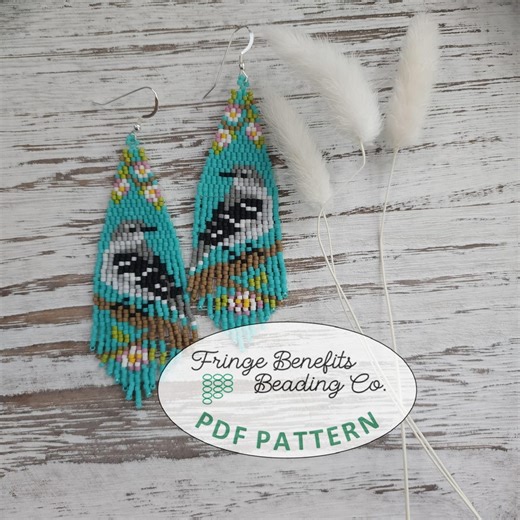 Northern Mockingbird Beading Pattern PDF – Brick Stitch Bird Fringe Earring Pattern