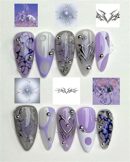 Cyber Tribal Press on Nails | Y3K Savage Aesthetic Fake Nails | Silver Chrome Heart Custom Nail | Edgy Lavender Futuristic Glue on Nail Gift - Etsy