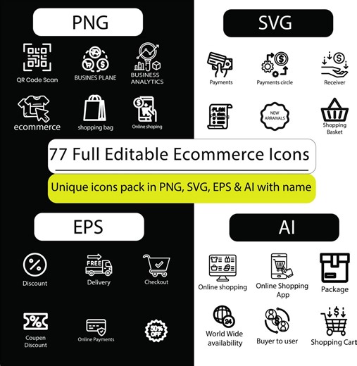 Editable Online Shopping Icons Pack for Ecommerce Apps, Websites and Digital Store Interfaces in Vector Format Svg, Png, Eps, Ai - Etsy