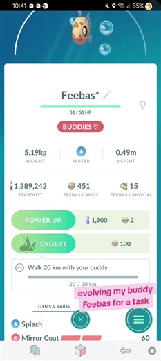 evolving my buddy Feebas for a task #pokemongotiktok #pogo #pokemongo #pokemon #pokemontiktok #feebas #feebasevolve #milotic