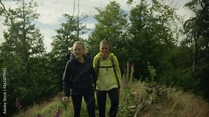 Two Happy Women Hiking through the Woods on a Hill. Walking through Nature. Looking at Landscapes. Connecting with Nature.