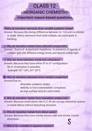 class 12 Inorganic Chemistry All Reason-Based Questions from d & f Block & Coordination 💯