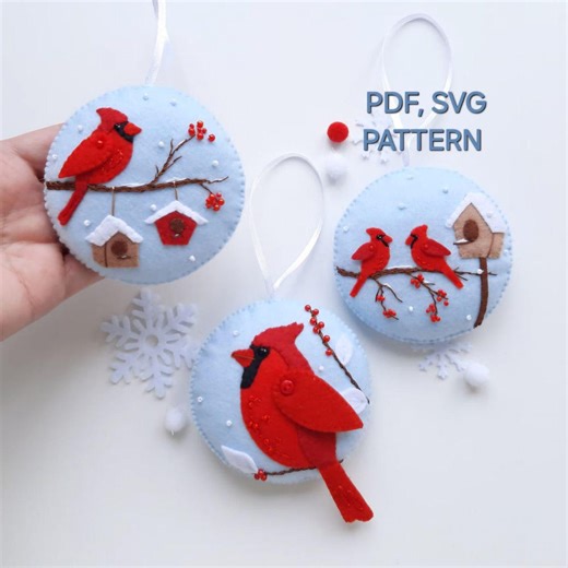 Set Red Cardinal PDF, SVG Pattern, Felt Winter Bird Easy Sewing Pattern, Christmas Ornament Sewing Tutorial - Etsy