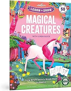 eeBoo Learn to Draw Magical Creatures - Step-by-Step Drawing Activity Book with 50 Stickers, Unicorns & Animals, Skill Building for Kids Ages 5+