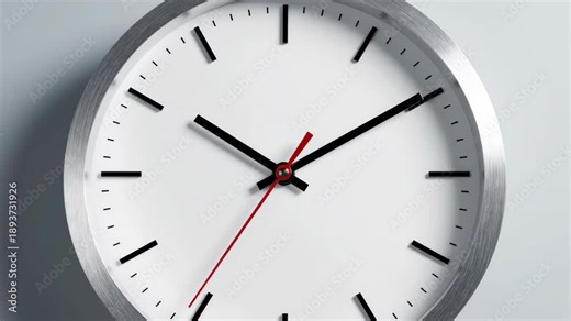 Four clock faces are shown with hands moving to different times. The clocks are in a room with plain walls. Each frame shows a different hour changing slowly