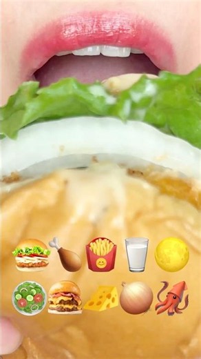 ASMR EMOJI FOOD 🍔🍗🍟🥛🌕🥗🍔🧀🧅🦑 이모지 먹방 (sped up)