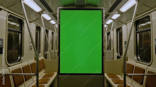 Vertical green screen billboard mockup inside a moving subway train car, perfect for digital advertising displays.