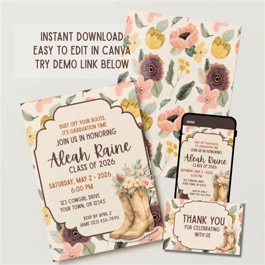 Boho Western Graduation Invitation Template, Cowgirl Boots Floral Design (digital Download) - Etsy